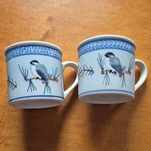 Vintage Hartstone Chickadee Bird & Pine Needle Design Ceramic Mugs. Lot of 2